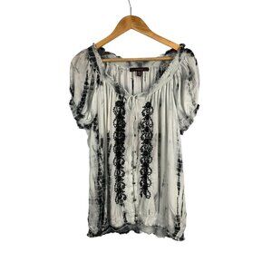Fever Womens L/G Black & White Smocked Tie-Dye Blouse With Lace Detail